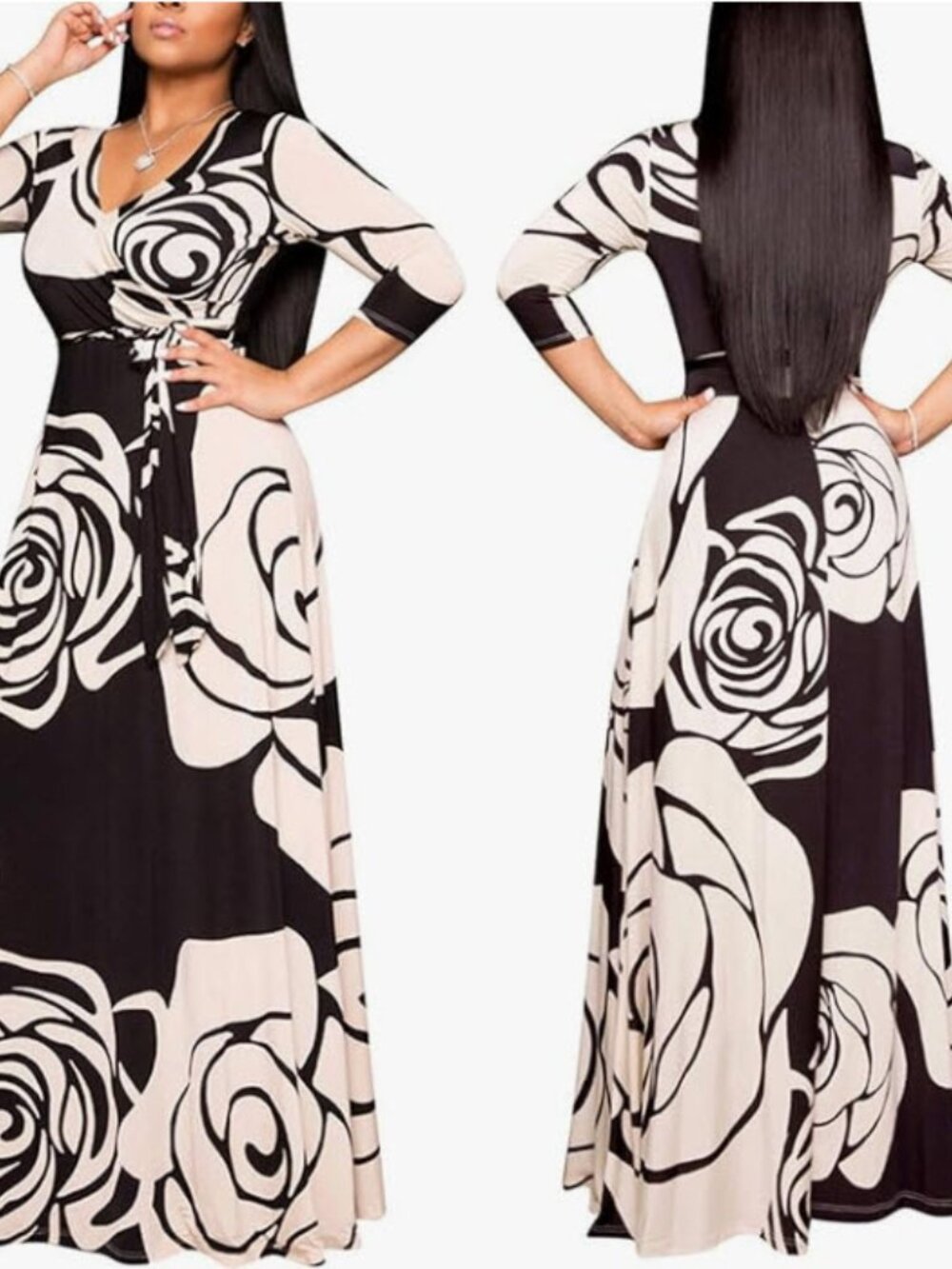 Black & White Floral Maxi Dress with Tie Waist